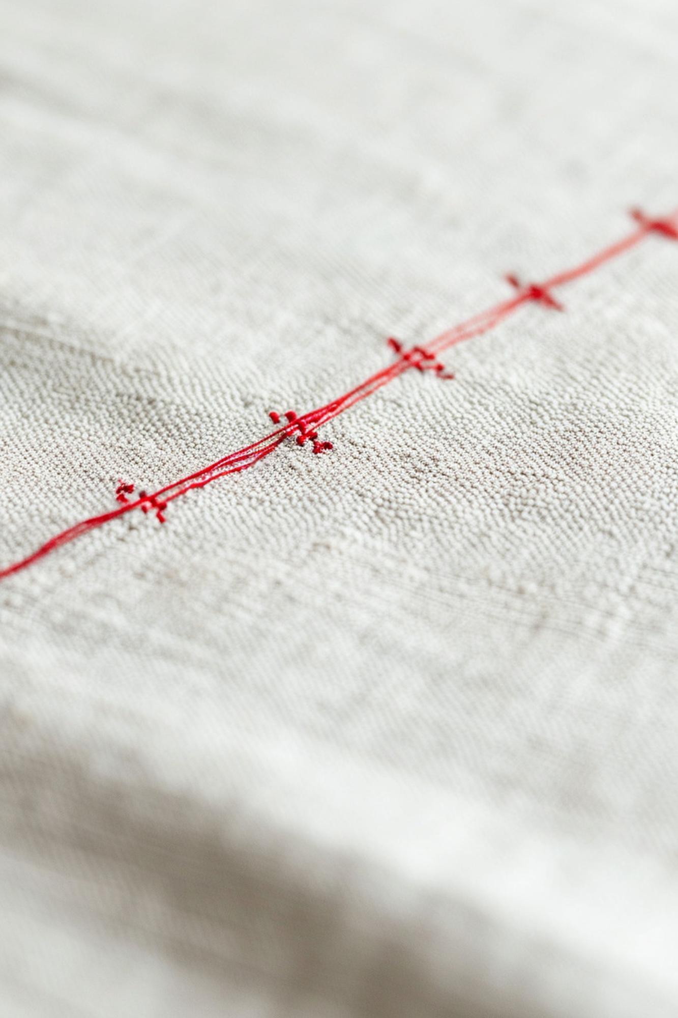 Close-up of hand embroidery on linen