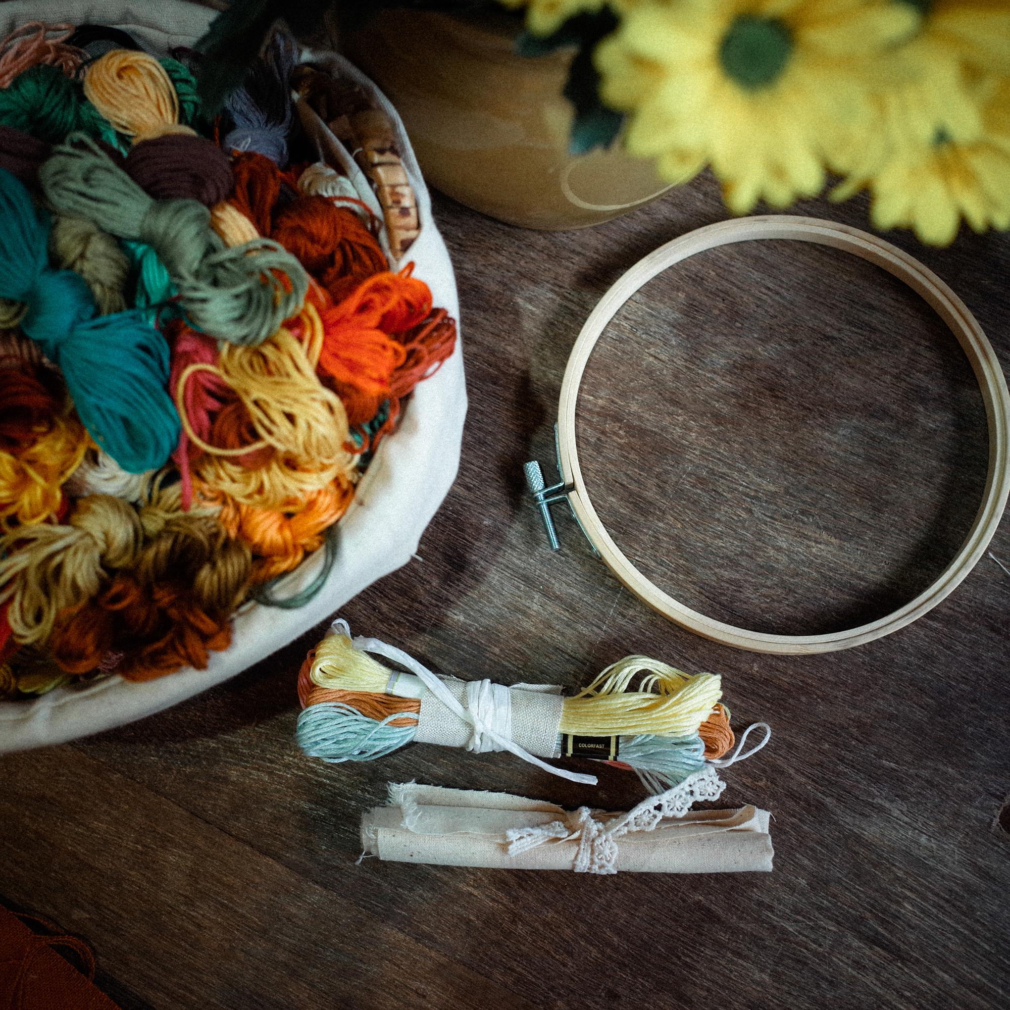 Selection of embroidered samples on table